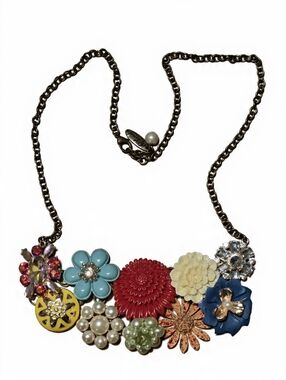 Plunder Vintage Antique Multicolor Flower Cluster Necklace Red Blue Yellow